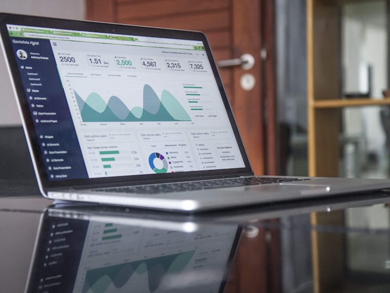 Laptop displaying charts and business metrics