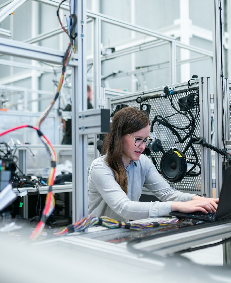 Engineering workspace with technical equipment and documentation